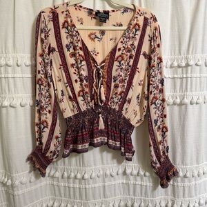 ANGIE Boho Floral Cinched Waist Blouse Top Size Large